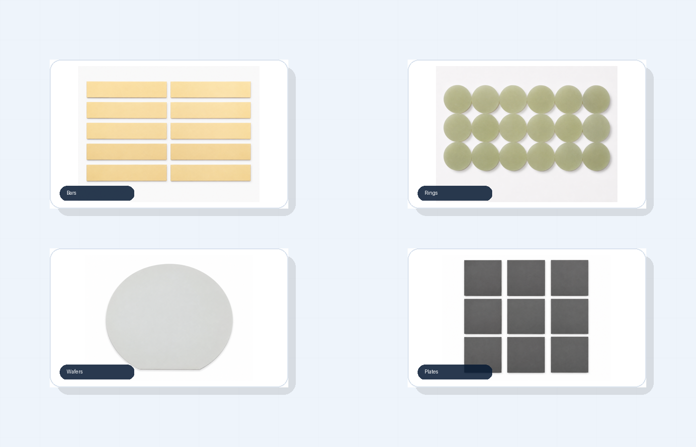 Sample photographs of bars, rings, wafers and plates